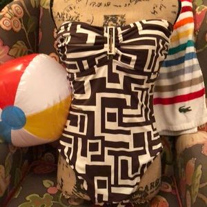 La Blanca Brown & White Geo Print Strapless 1Piece